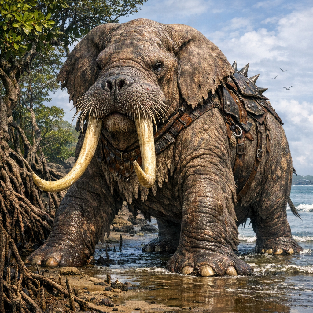 Elephrus, an AI-generated hybrid of Elephant and Walrus