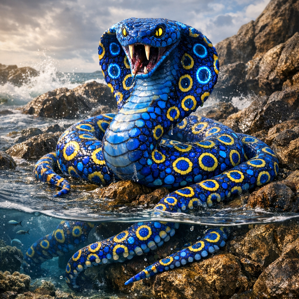 Cobracanthus, an AI-generated hybrid of Cobra and blue ring octopus