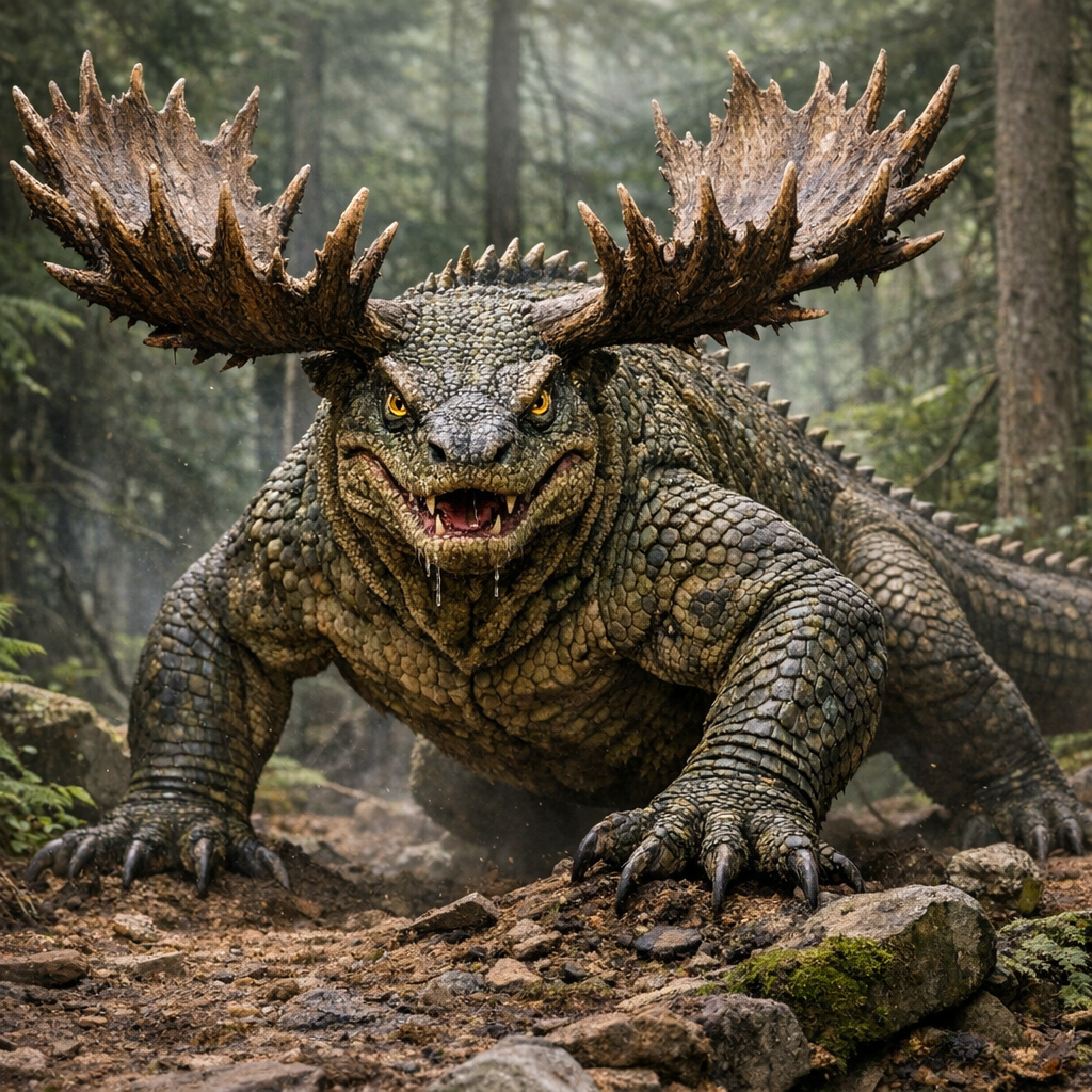 KomooDragon, an AI-generated hybrid of Komodo Dragon and Moose