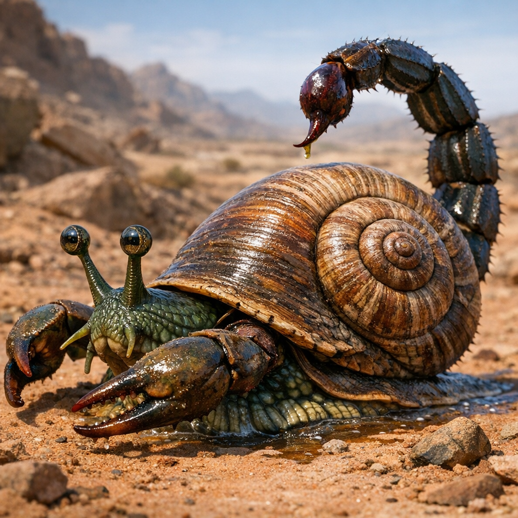 Scor-snail, an AI-generated hybrid of Snail and Scorpion