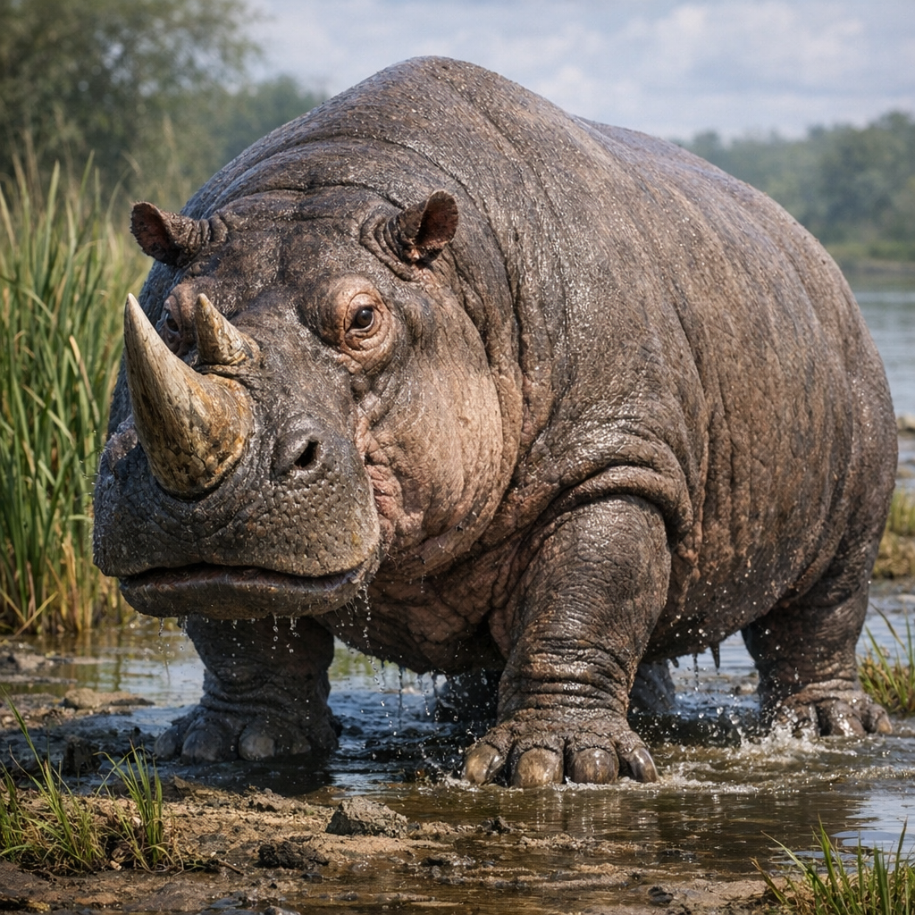 Hipporhinox, an AI-generated hybrid of Hippopotamus and Rhinoceros