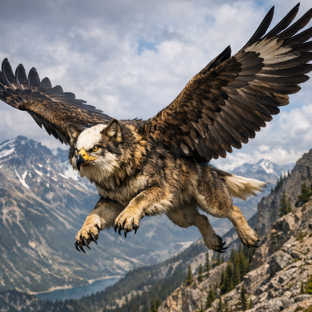 Woldeagle, an AI-generated hybrid of Wolf and Bald Eagle