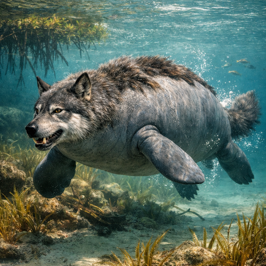 Manawolf, an AI-generated hybrid of Manatee and Wolf