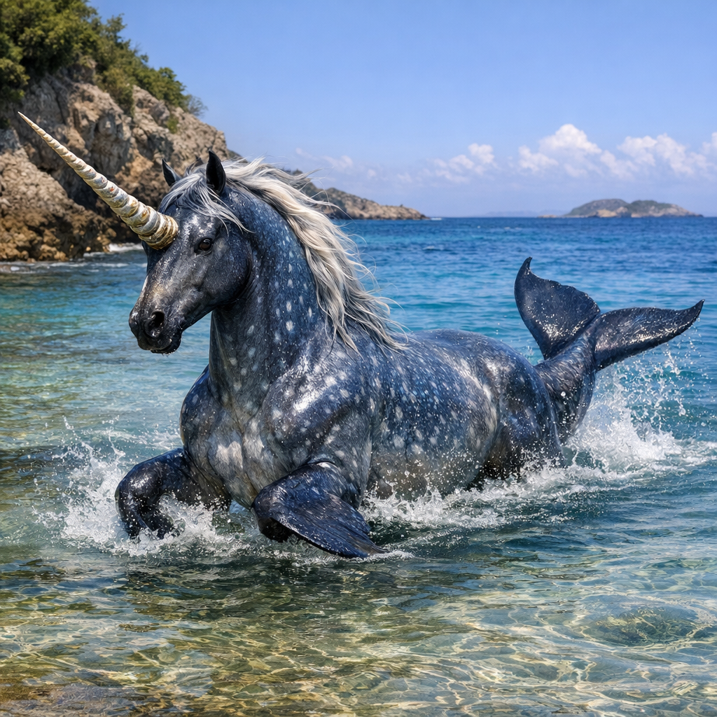 Narwhorse, an AI-generated hybrid of Narwhal and horse