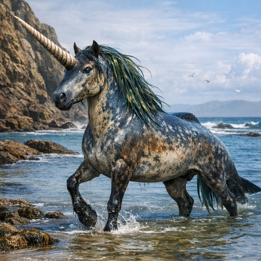Equinorhynchus, an AI-generated hybrid of horse and Narwhal