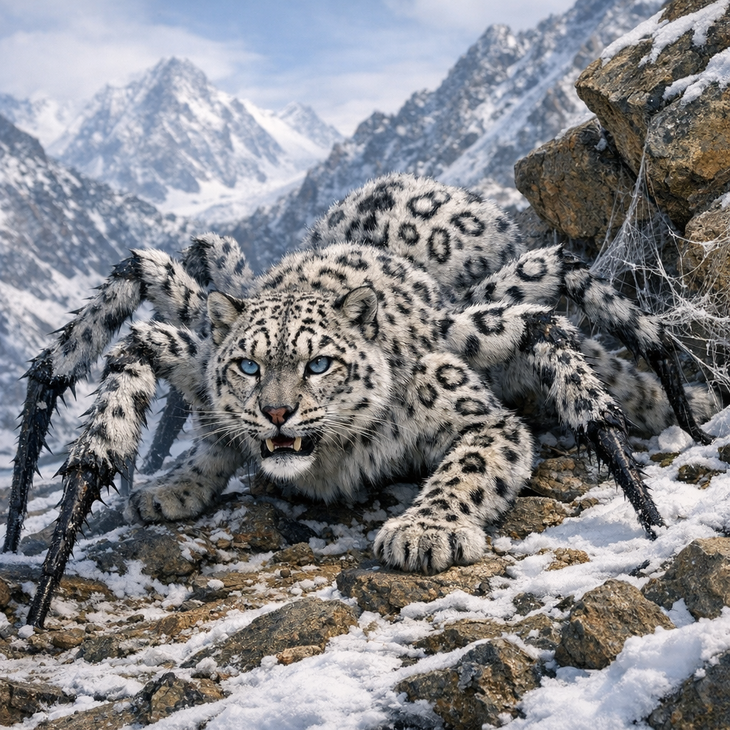 Spidoleopard, an AI-generated hybrid of Spider and snow leopard