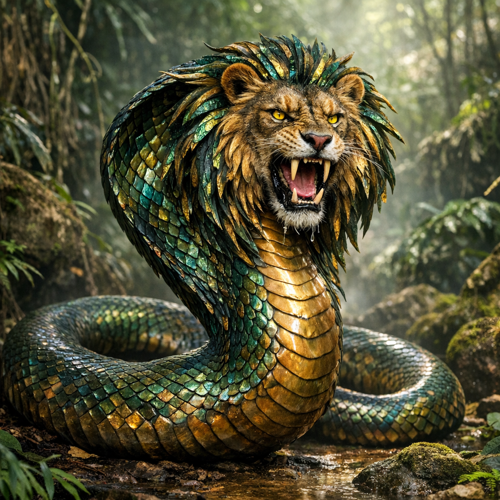 Cobraon, an AI-generated hybrid of Cobra and Lion