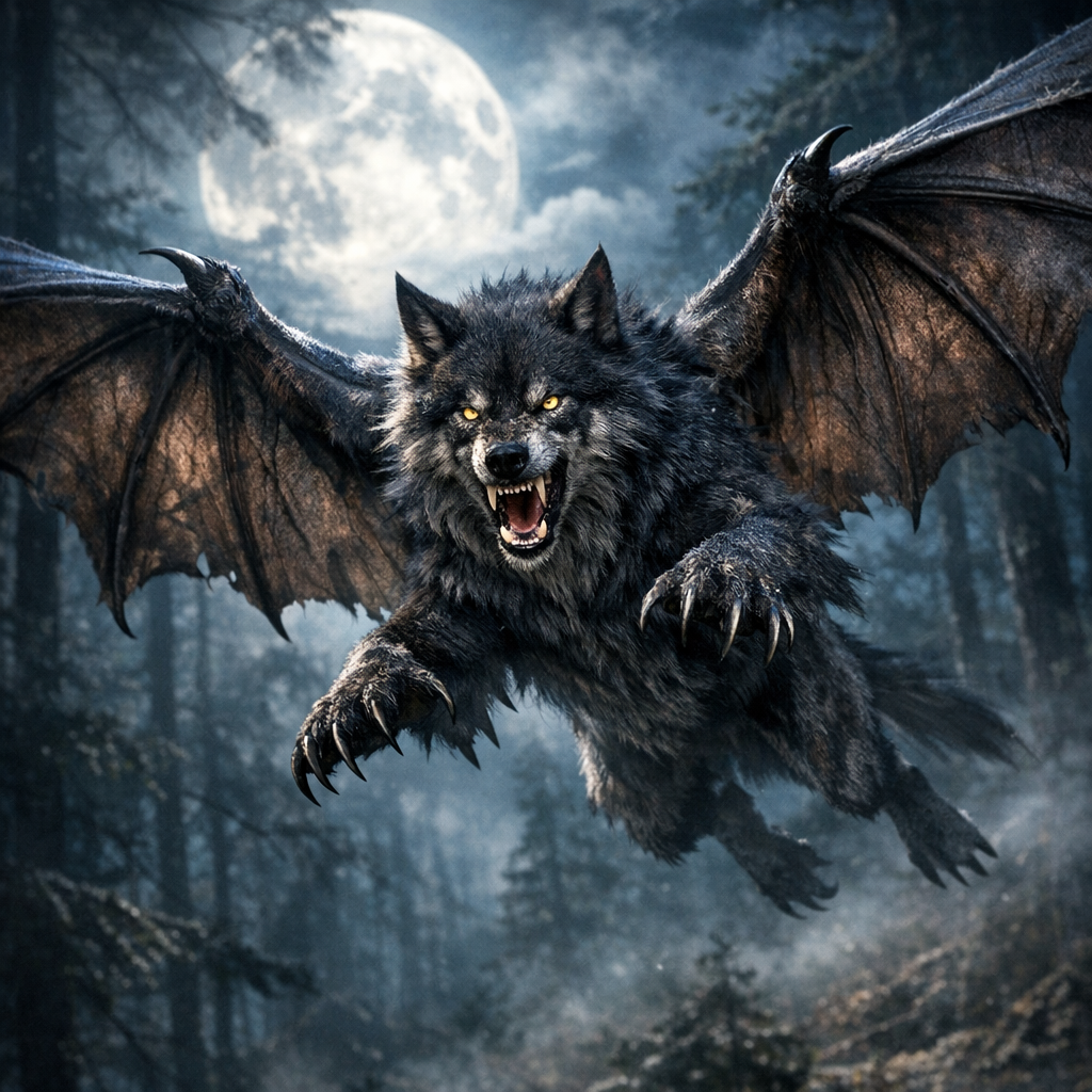Wolbat, an AI-generated hybrid of Wolf and Bat