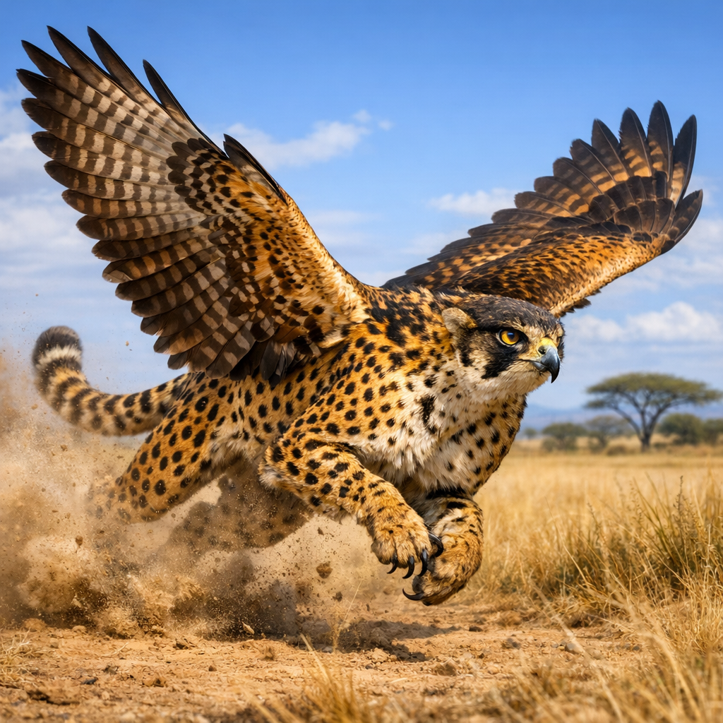 Cheetalcon, an AI-generated hybrid of Cheetah and falcon