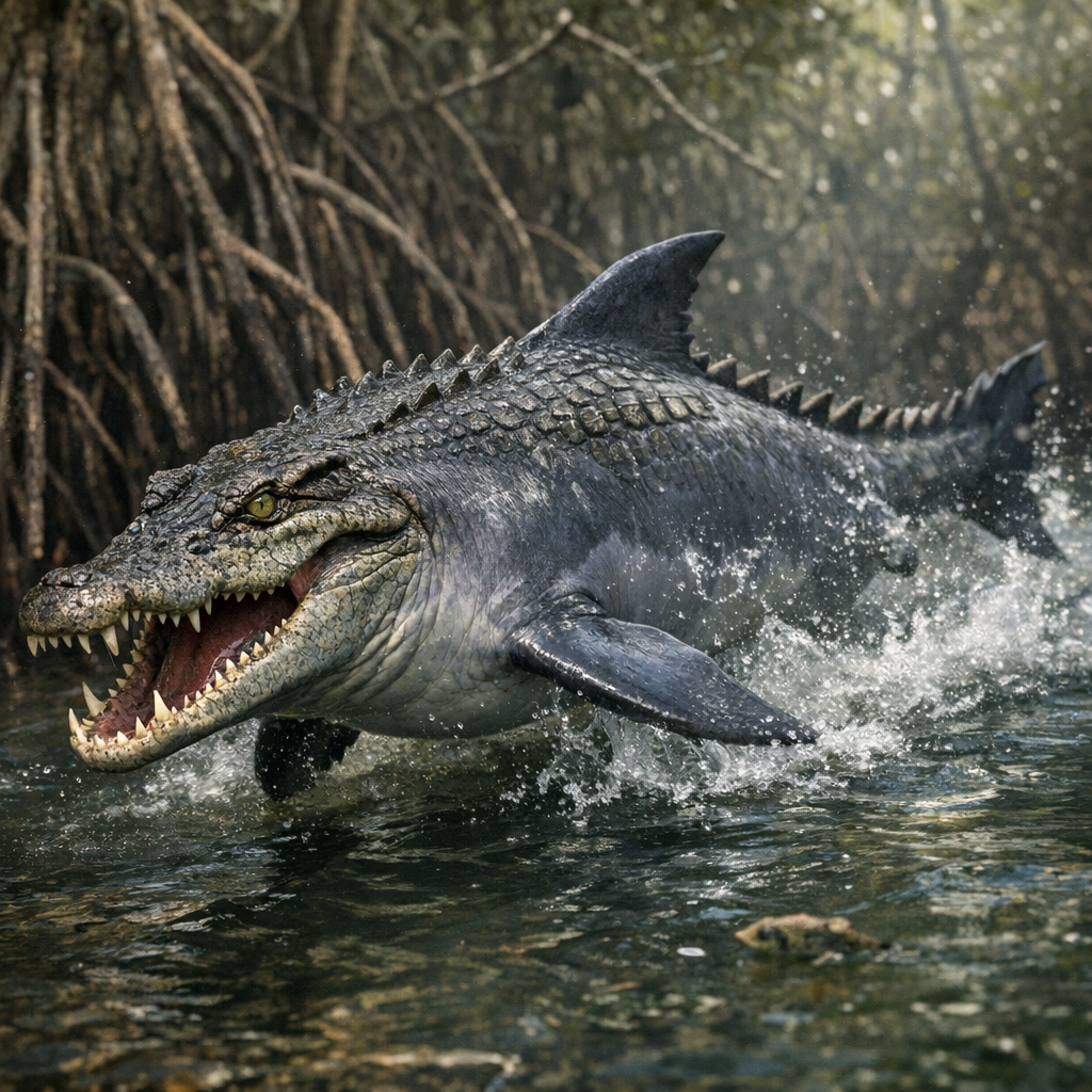 Dolphocodile, an AI-generated hybrid of Dolphin and Crocodile