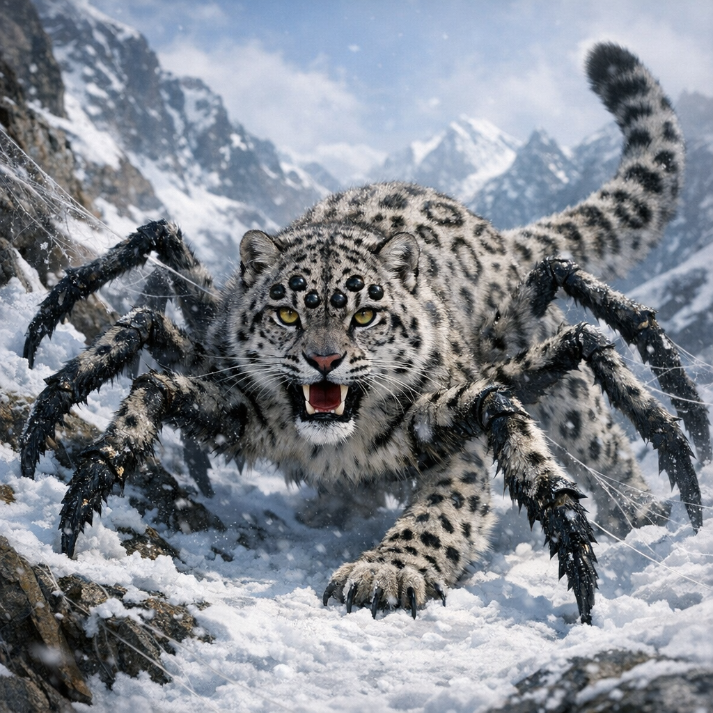 Spid leopard, an AI-generated hybrid of Spider and snow leopard