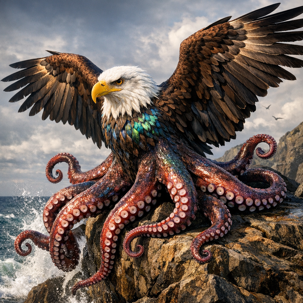 Eagleopus, an AI-generated hybrid of Bald Eagle and Octopus
