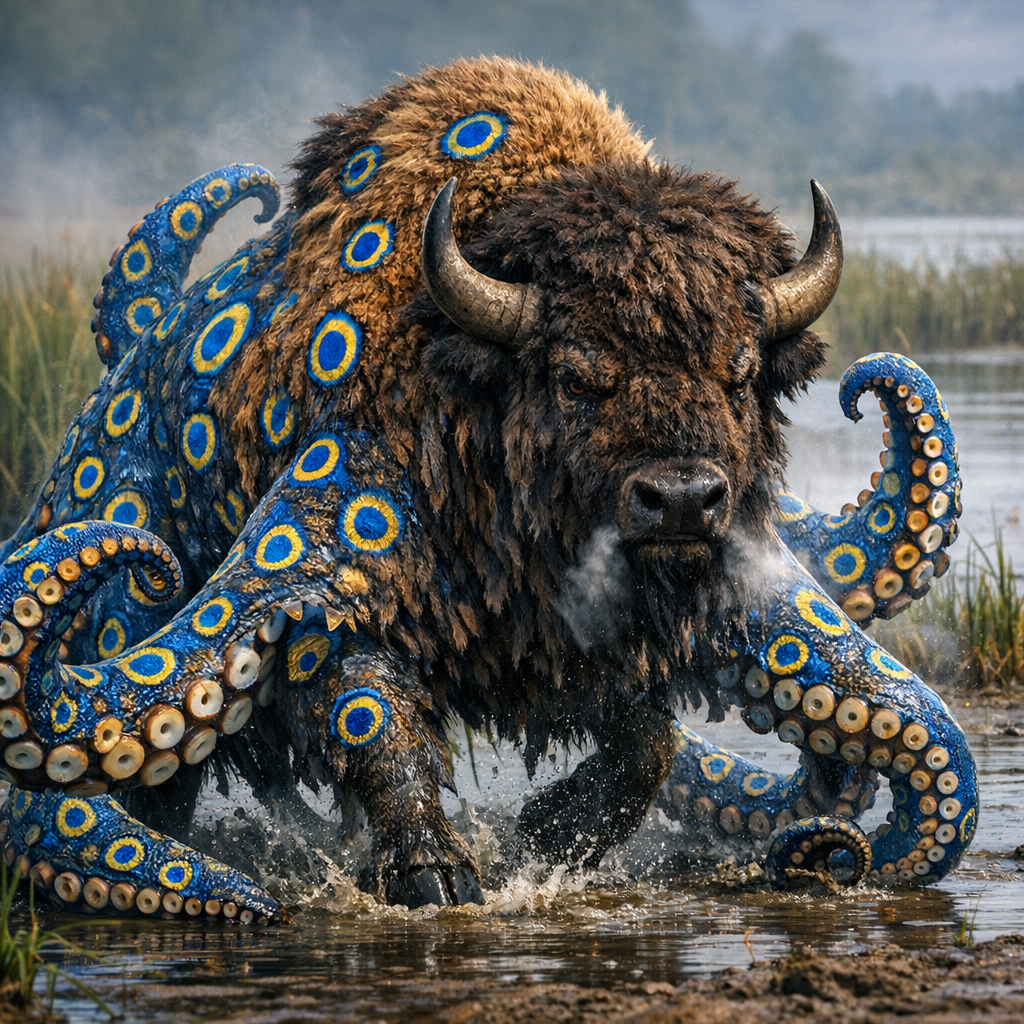 Bisonoctopus, an AI-generated hybrid of Bison and blue ring octopus