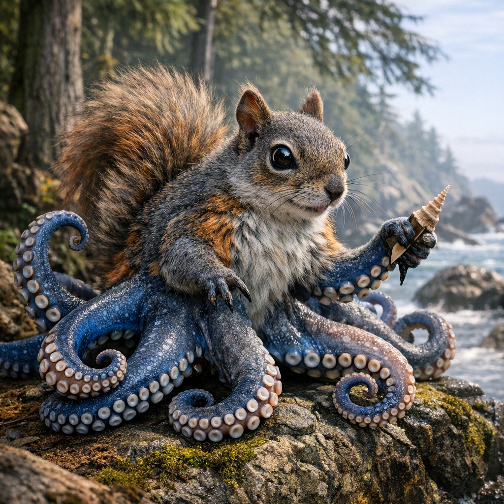 Squirktopus, an AI-generated hybrid of Squirrel and Octopus