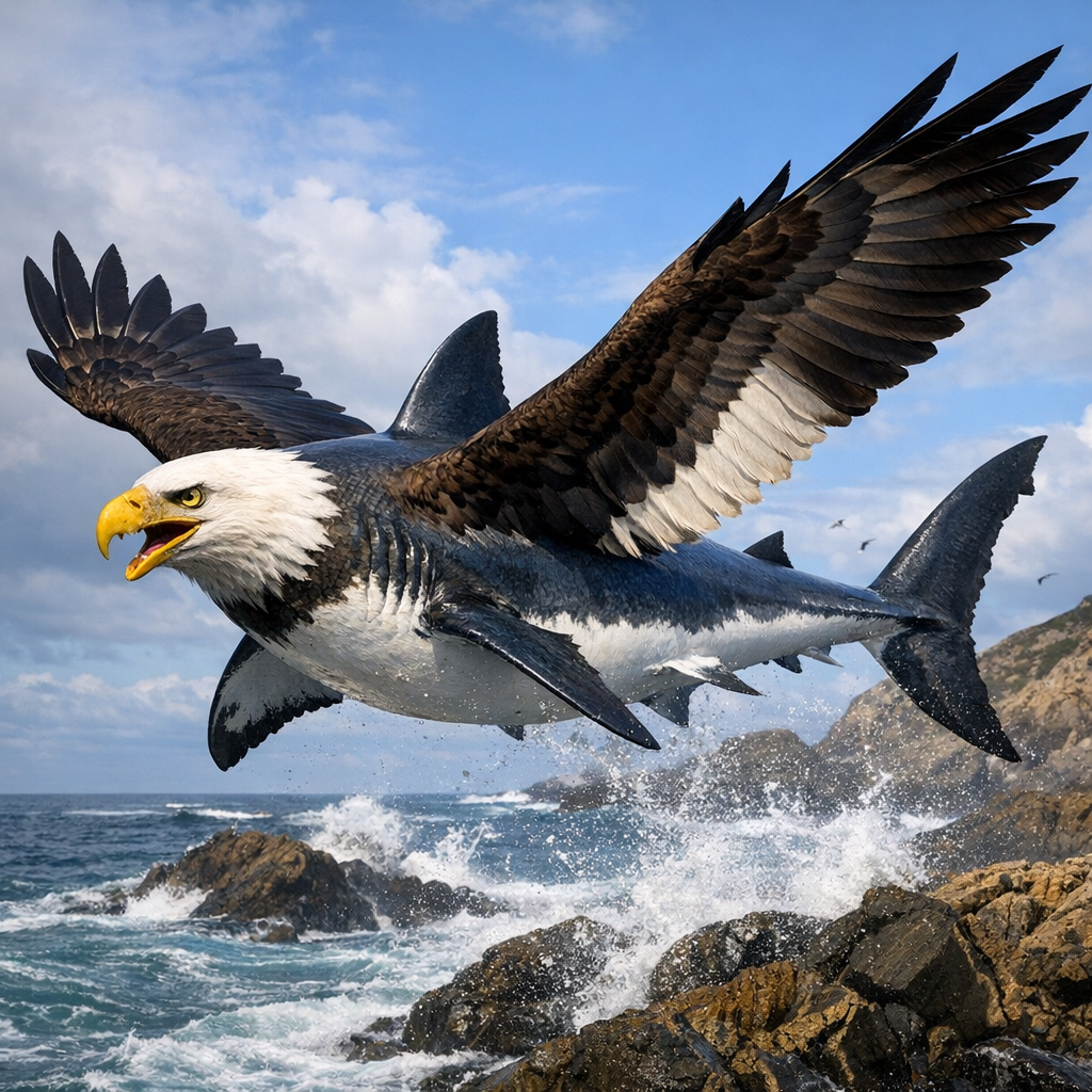 Aquila Carcharodon, an AI-generated hybrid of Bald Eagle and great white shark