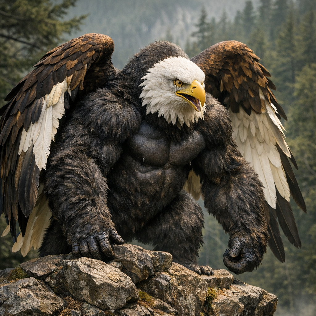 Gorillaeagle, an AI-generated hybrid of Bald Eagle and Gorilla