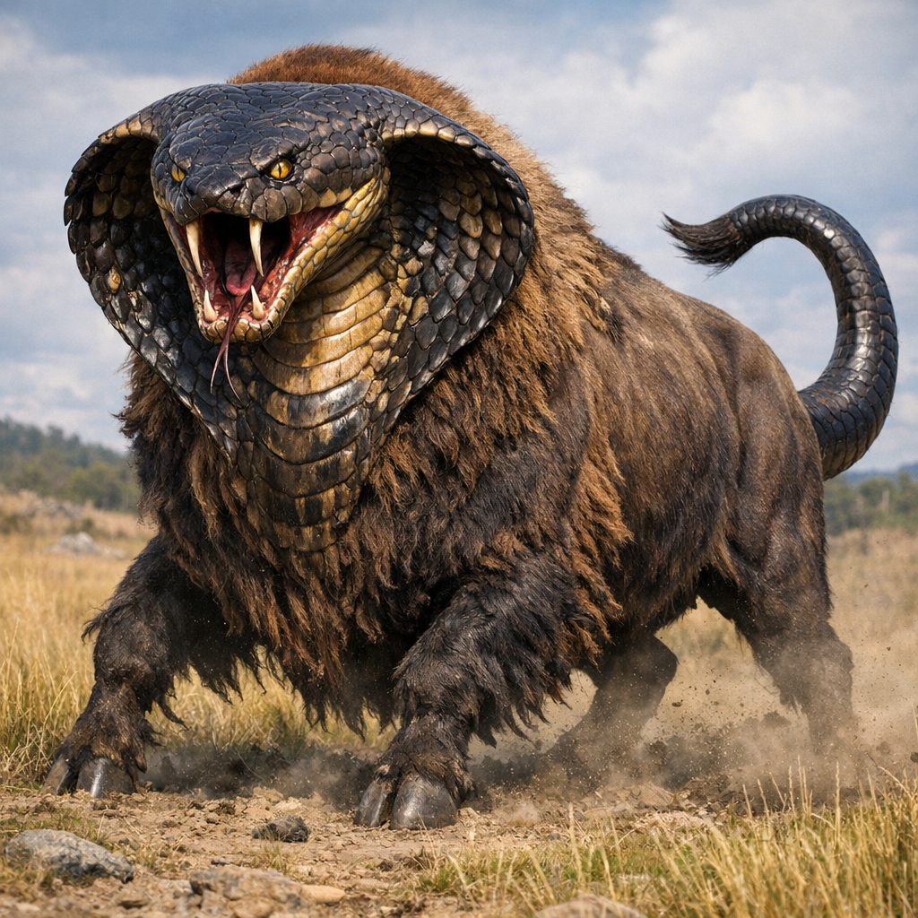 Bisonbra, an AI-generated hybrid of Bison and Cobra