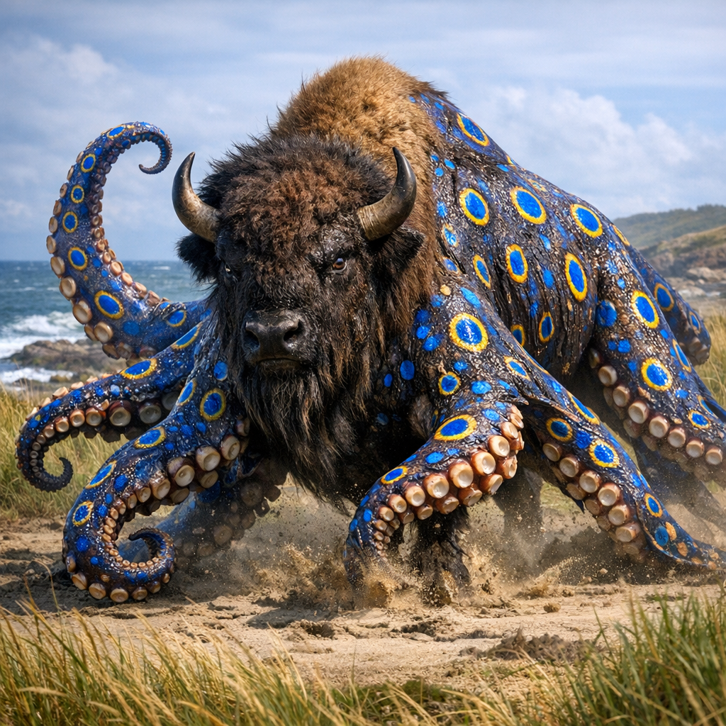 Bisonctopus, an AI-generated hybrid of Bison and blue ring octopus
