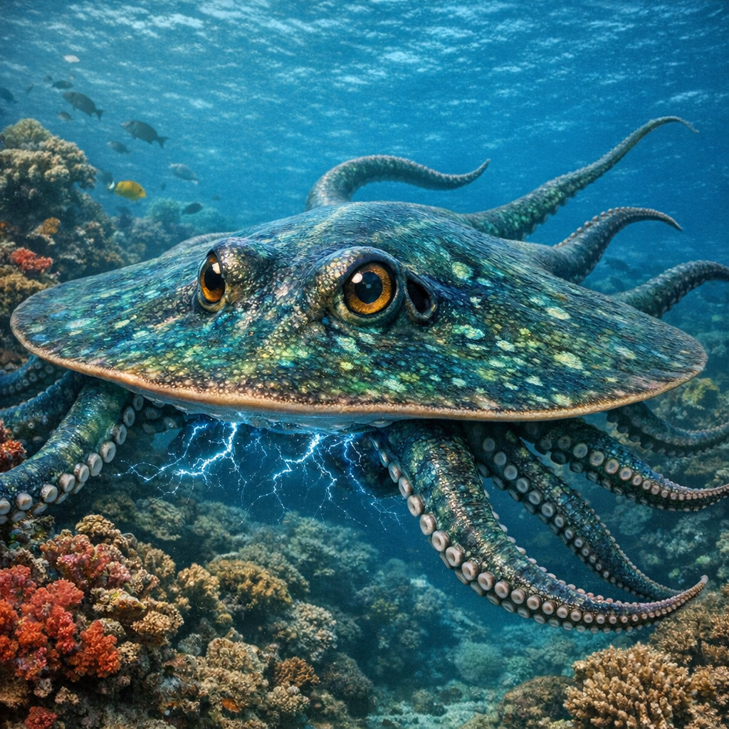 Octoray, an AI-generated hybrid of Octopus and Electric Ray