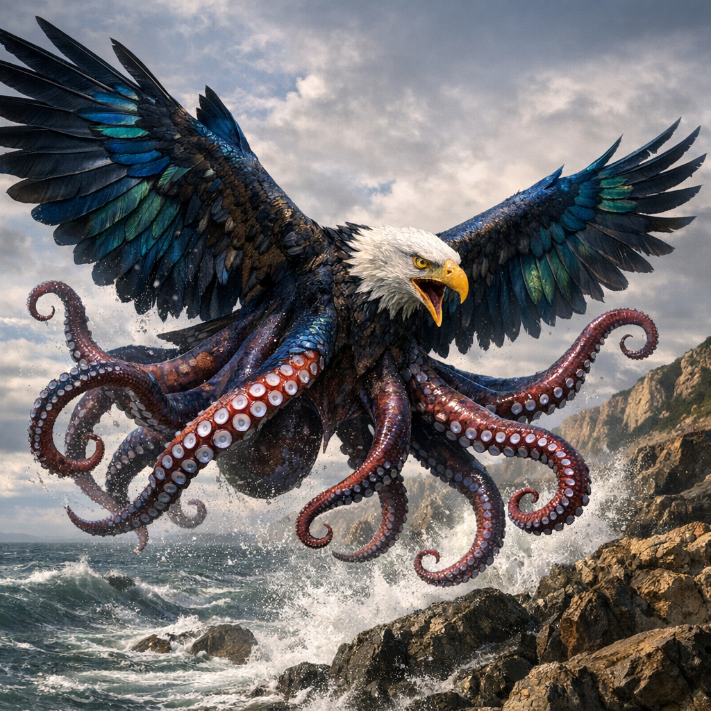 Aquilaoctopus, an AI-generated hybrid of Bald Eagle and Octopus