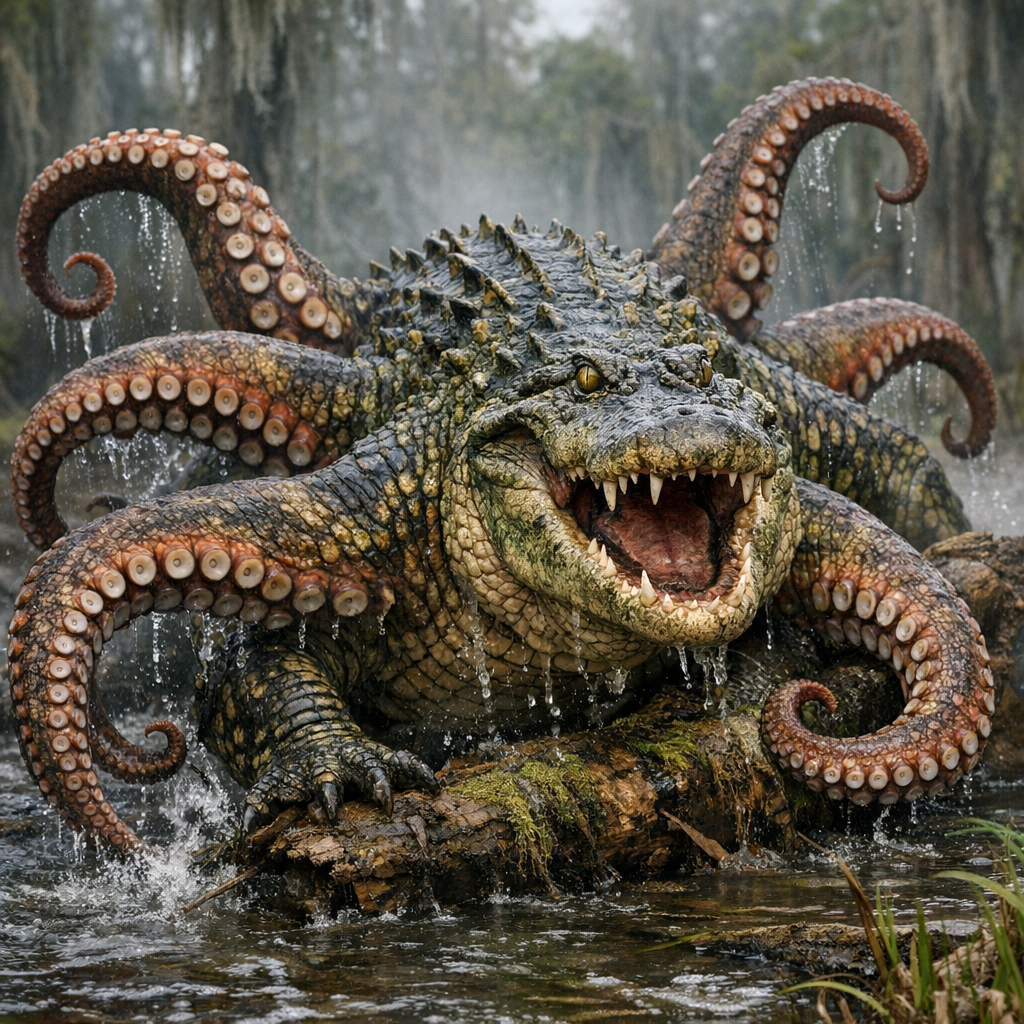 Octogator, an AI-generated hybrid of Octopus and Alligator