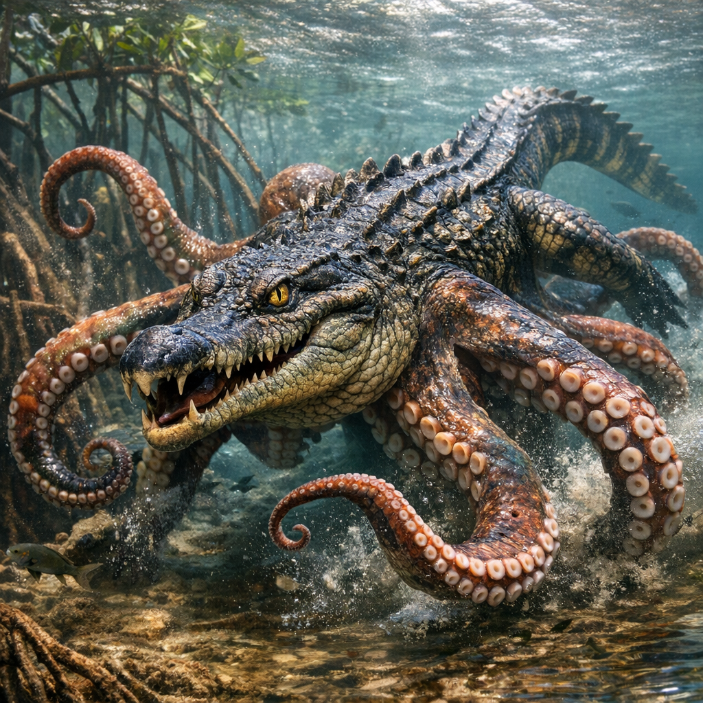 Alloctopus, an AI-generated hybrid of Alligator and Octopus