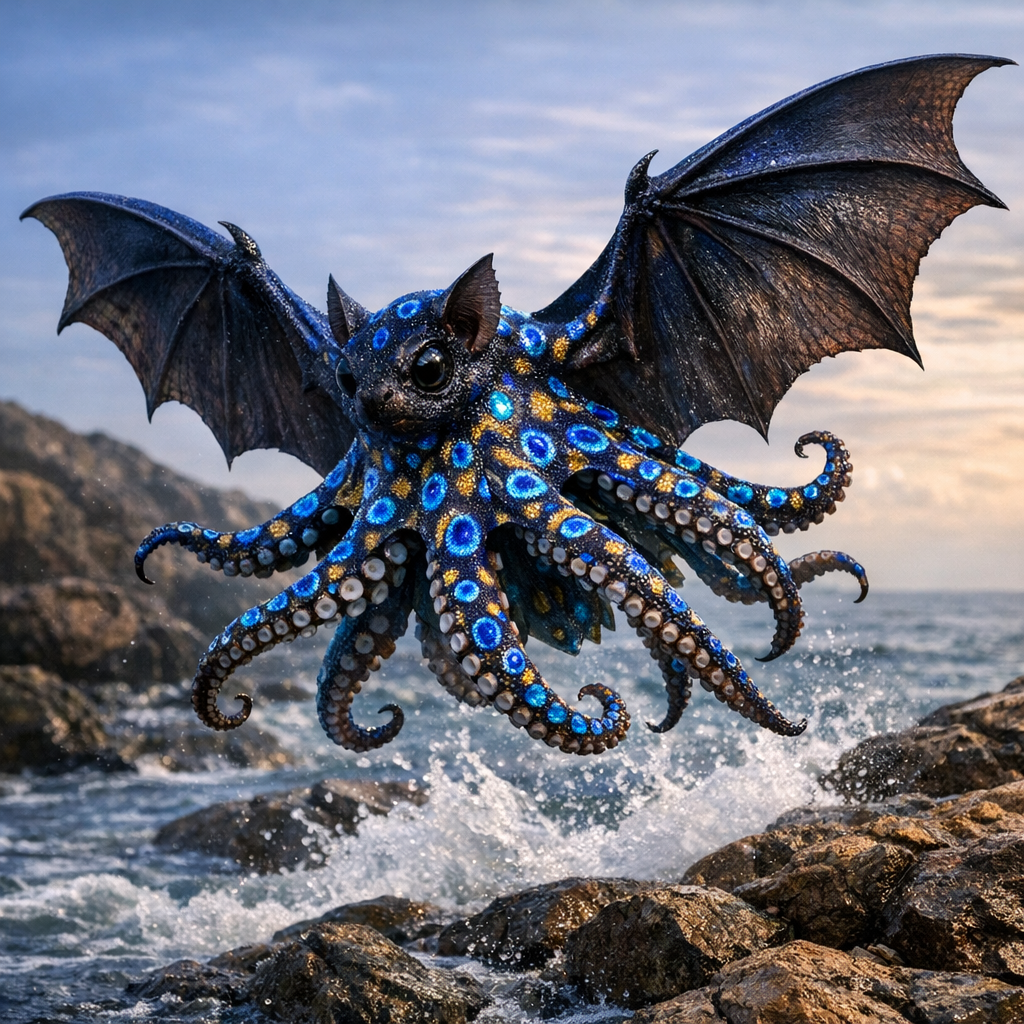 Octobat, an AI-generated hybrid of Bat and blue ring octopus
