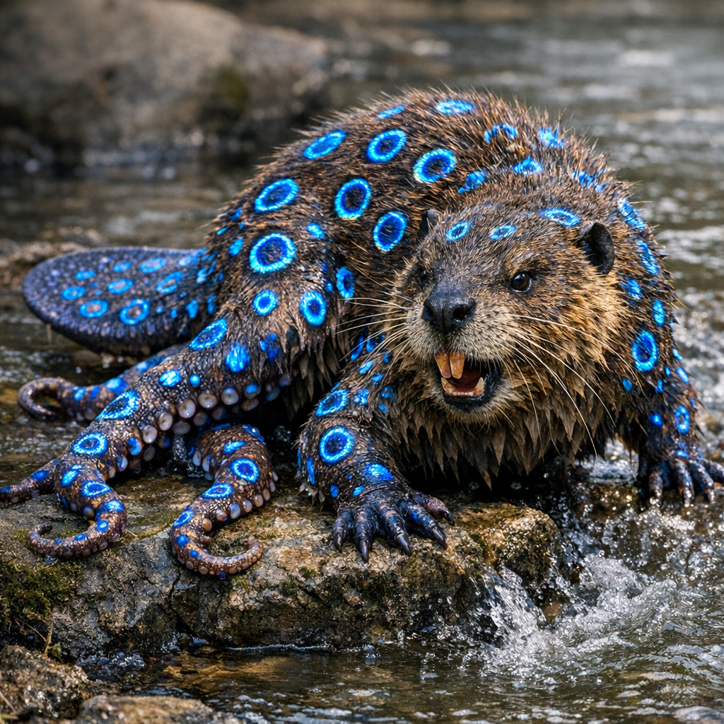 Beavoctopod, an AI-generated hybrid of Beaver and blue ring octopus