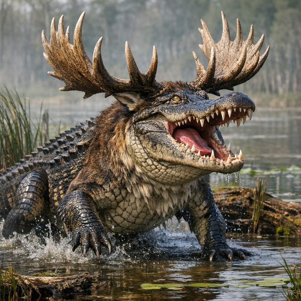 Alligelk, an AI-generated hybrid of Alligator and Elk