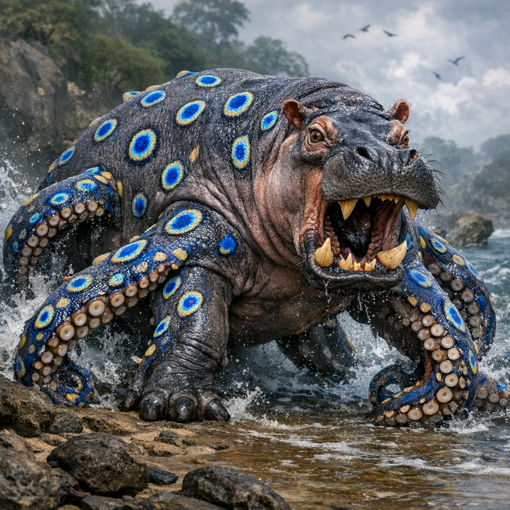Hippocampoctopus, an AI-generated hybrid of Hippopotamus and blue ring octopus