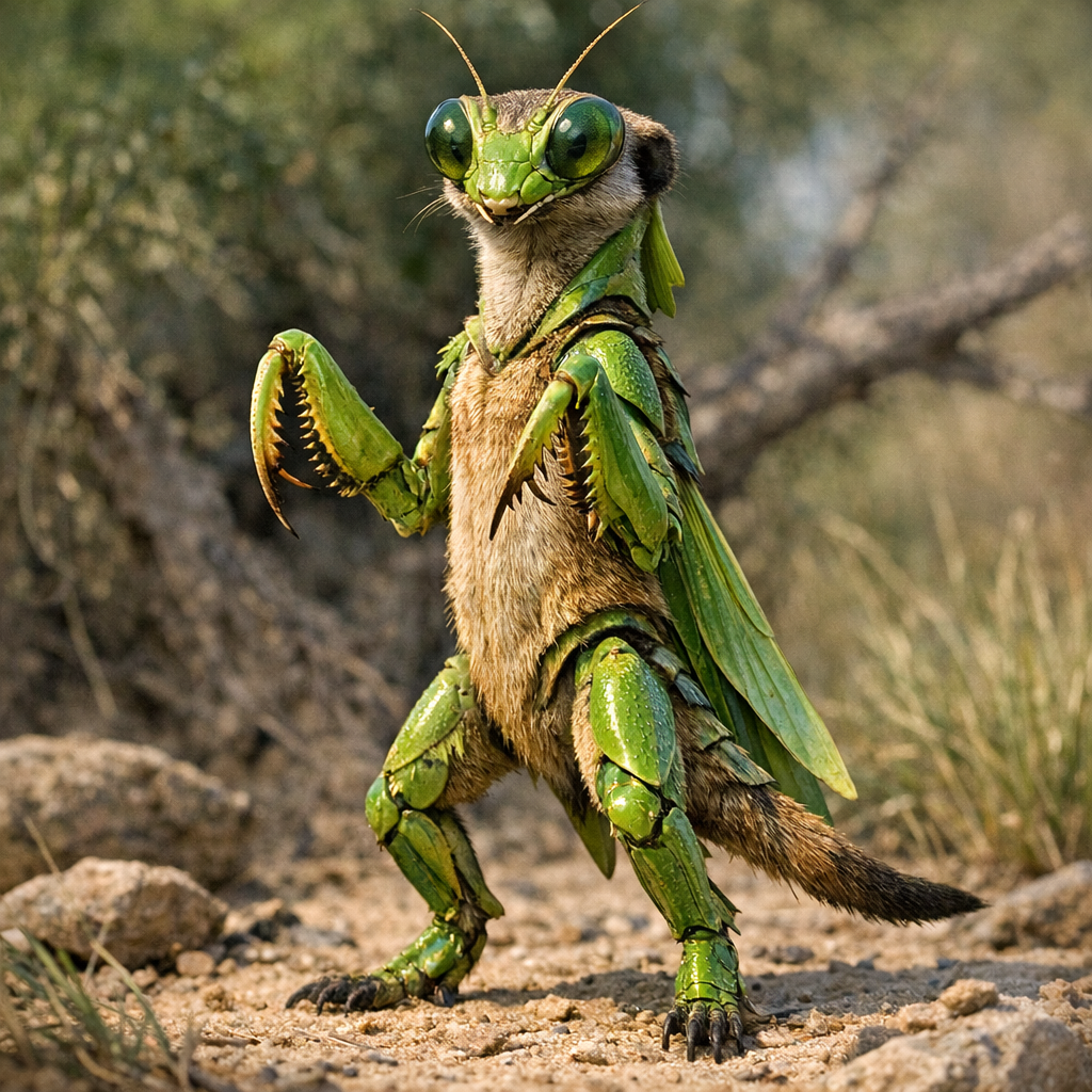 Mearmantis, an AI-generated hybrid of Meerkat and Mantis