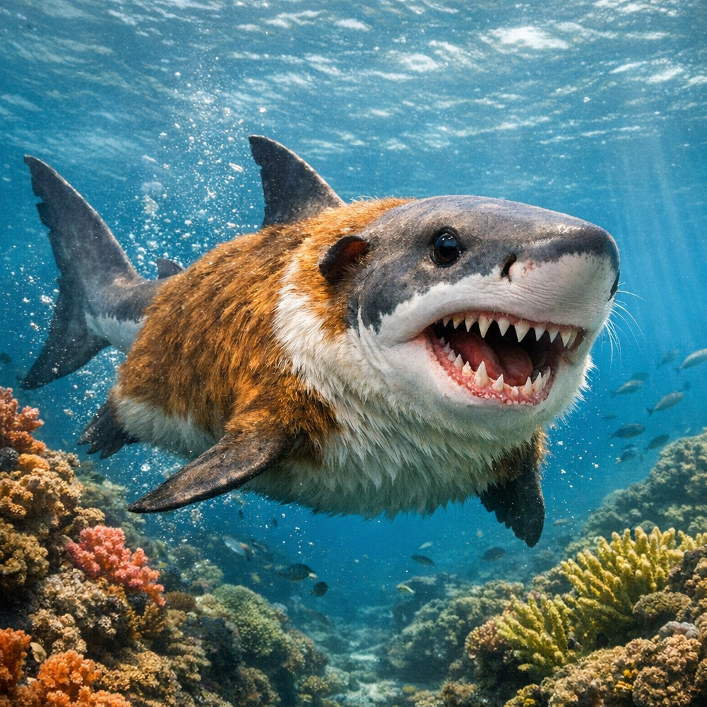 Guanosaurus, an AI-generated hybrid of Guinea Pig and great white shark