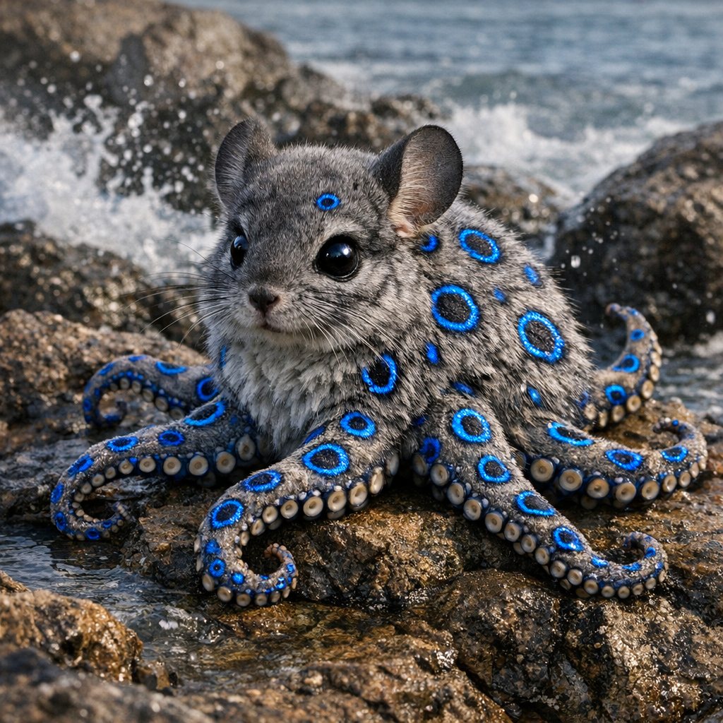 Chinchillopus, an AI-generated hybrid of Chinchilla and blue ring octopus