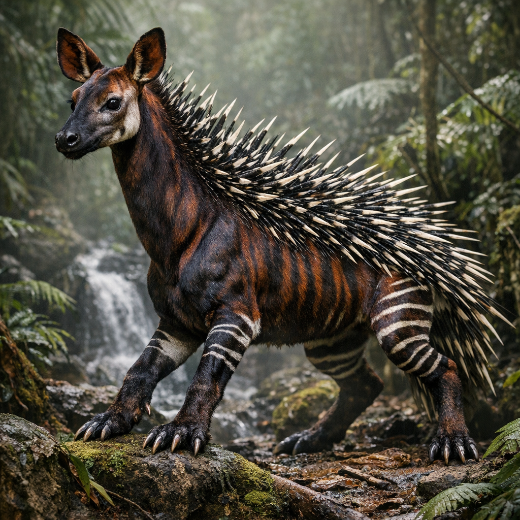 Okupine, an AI-generated hybrid of Okapi and Porcupine