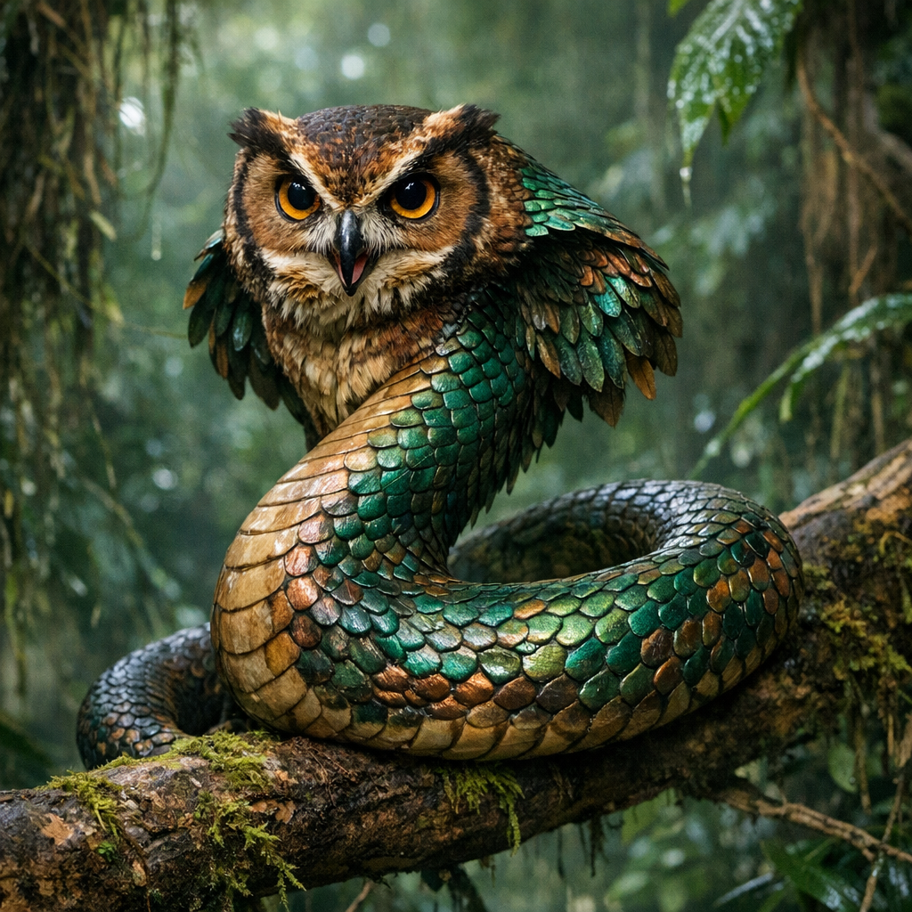 Cowlbra, an AI-generated hybrid of Cobra and Owl