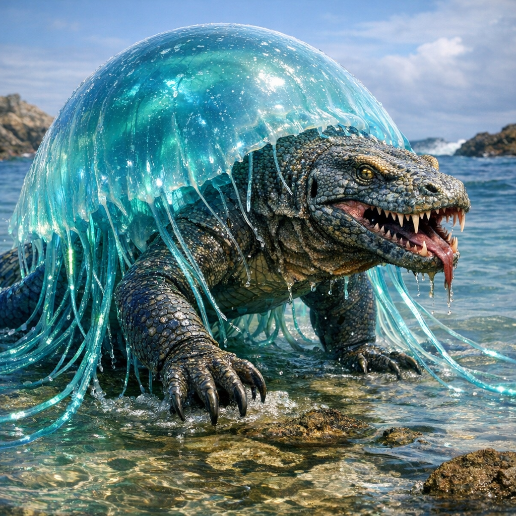 Jellydrake, an AI-generated hybrid of Jellyfish and Komodo Dragon