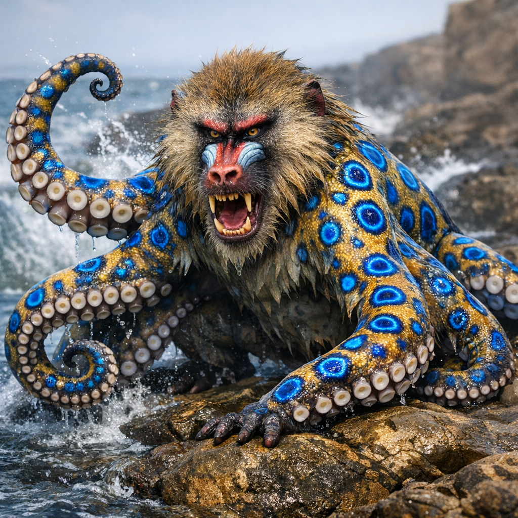 Octoboon, an AI-generated hybrid of blue ring octopus and Baboon