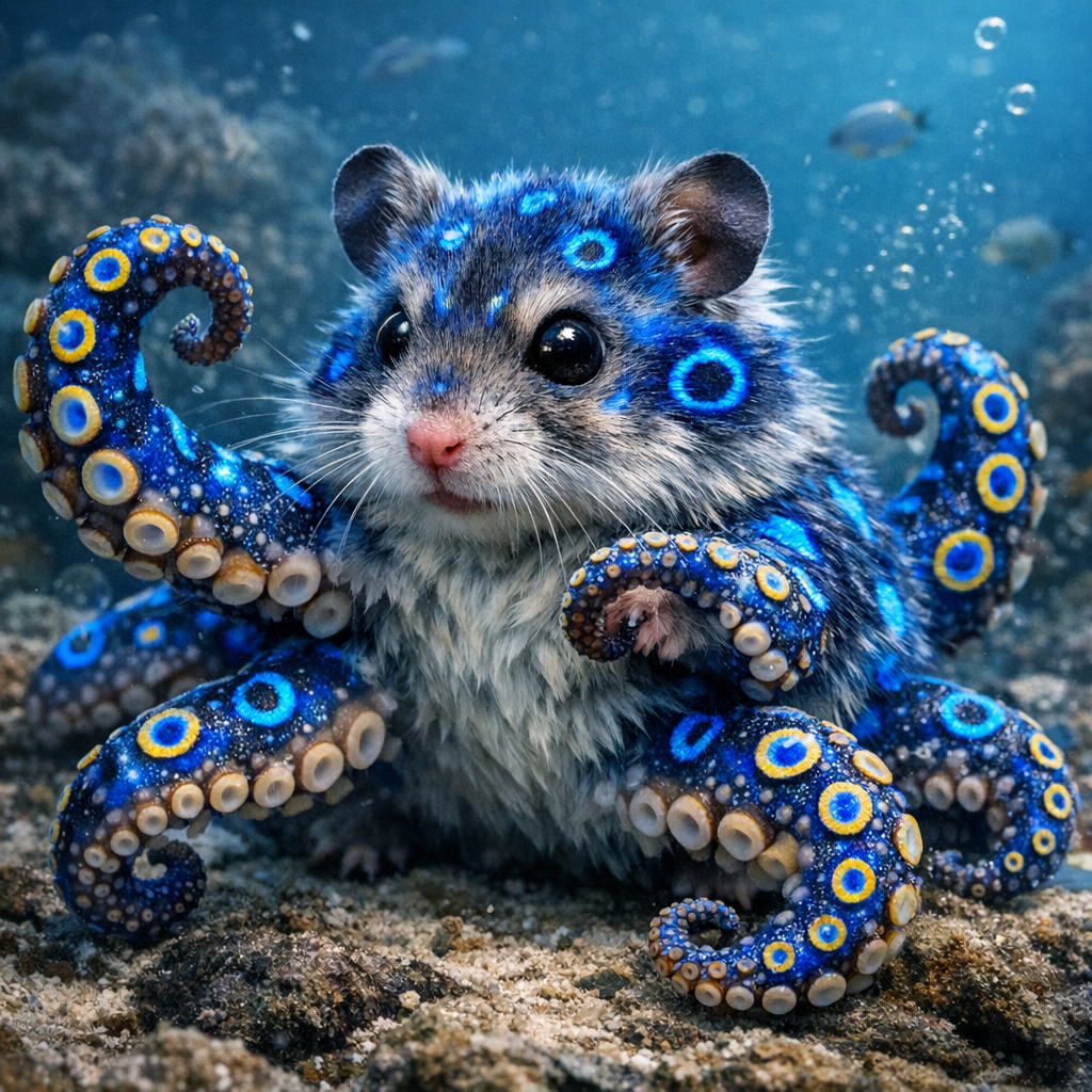 Octomouse, an AI-generated hybrid of blue ring octopus and Hamster