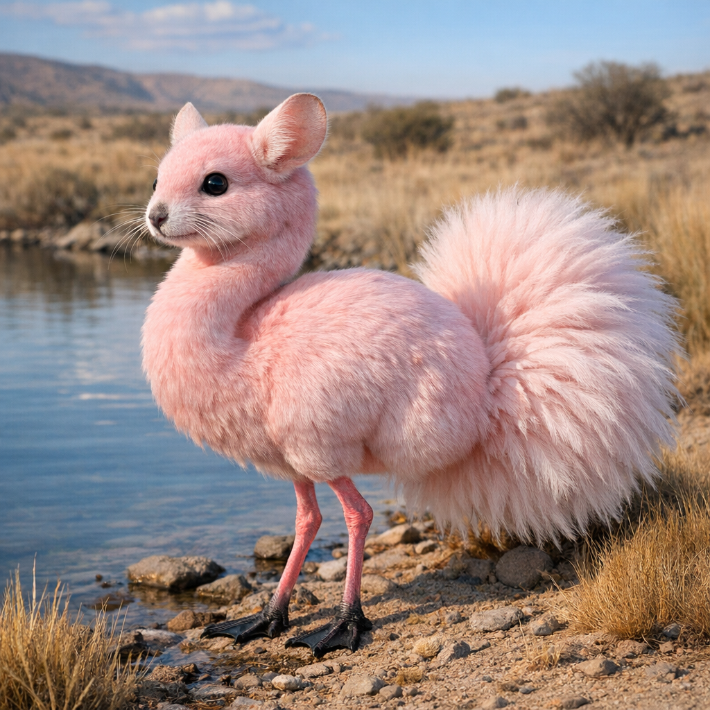 Chinamingo, an AI-generated hybrid of Chinchilla and Flamingo