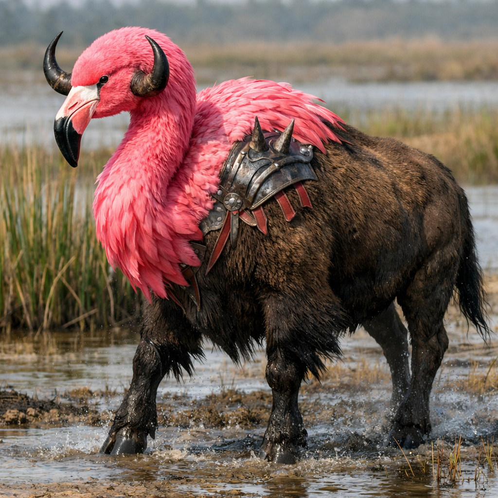 Flamingison, an AI-generated hybrid of Flamingo and Bison