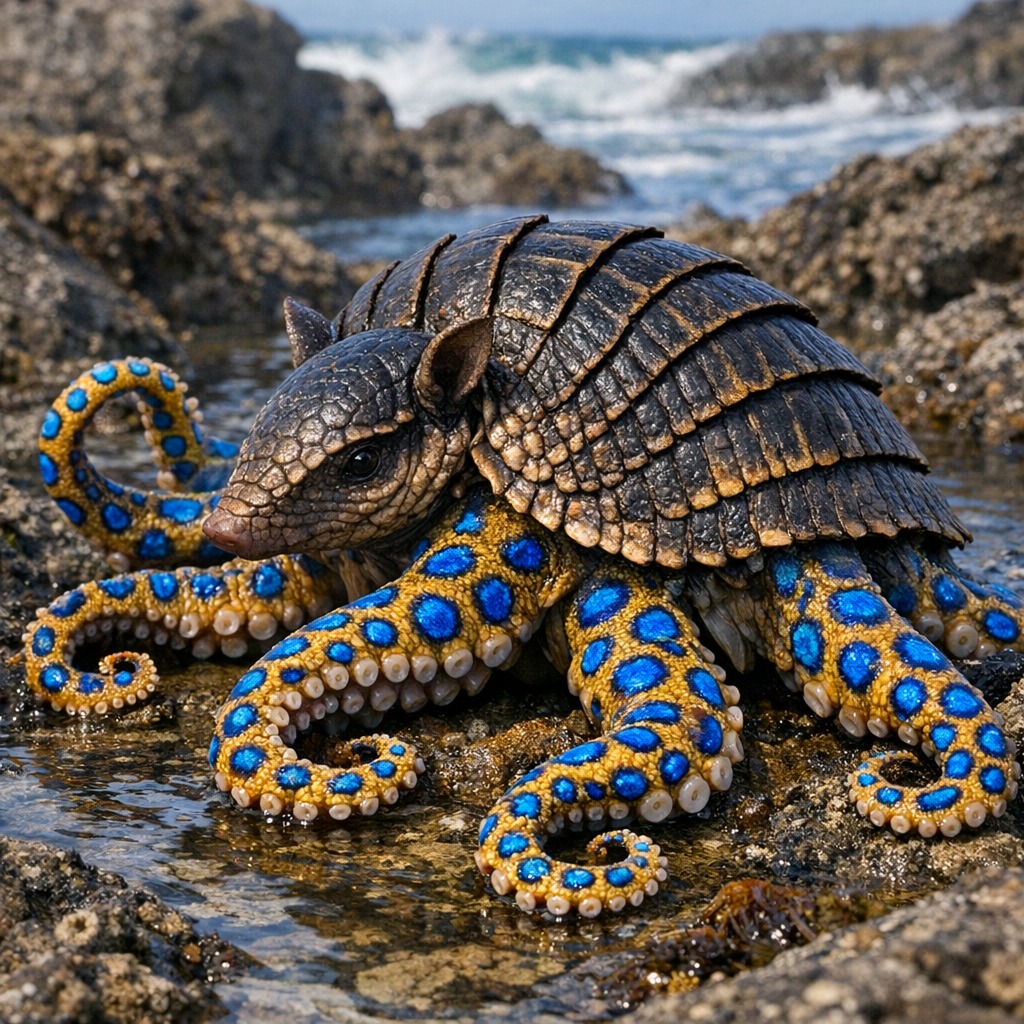Armadilloctopus, an AI-generated hybrid of Armadillo and blue ring octopus