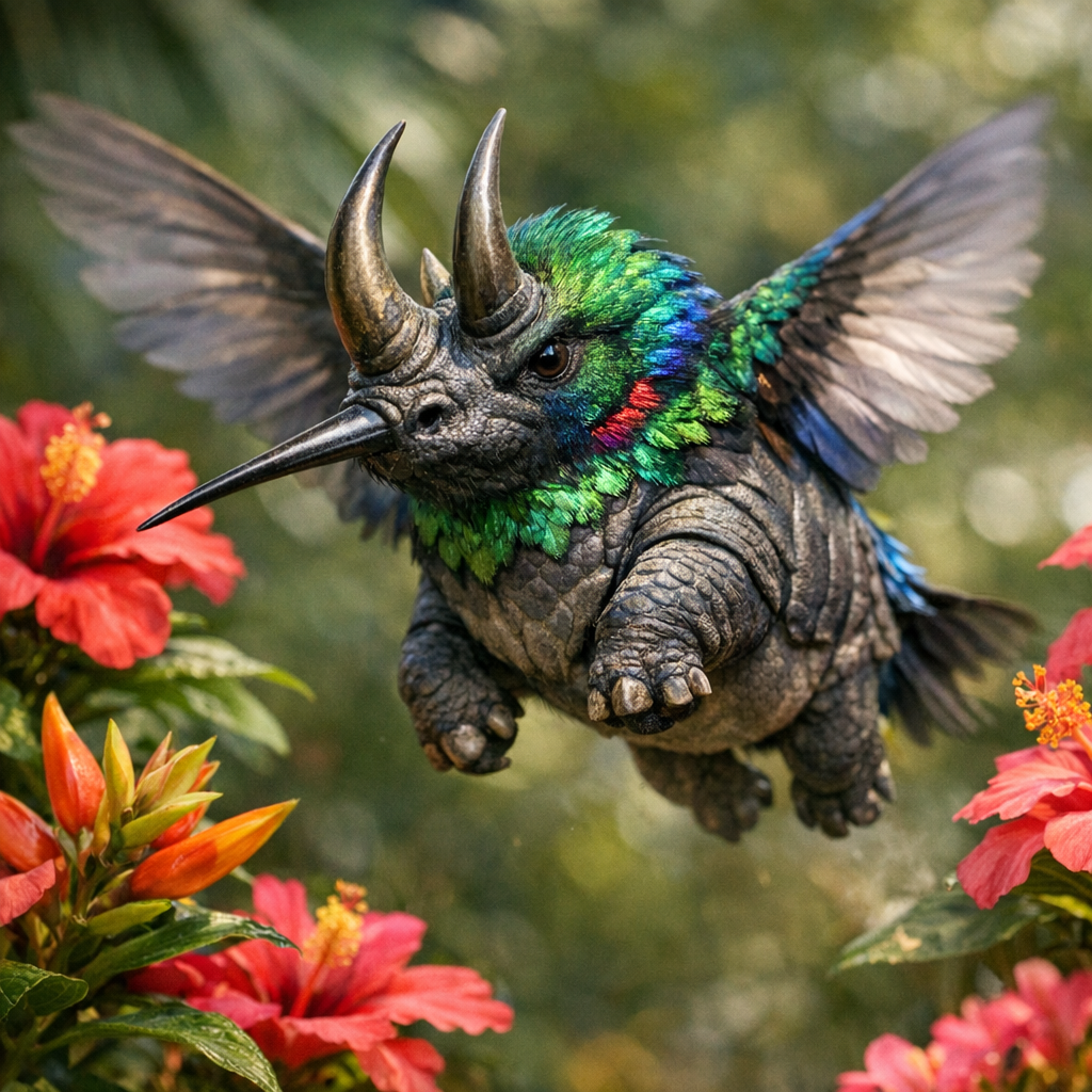 Hummoceros, an AI-generated hybrid of Hummingbird and Rhinoceros
