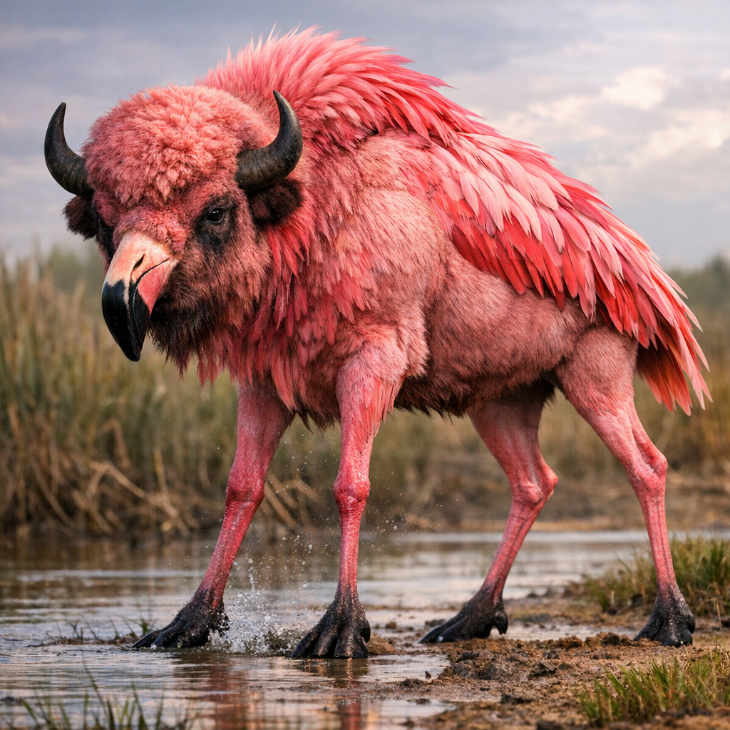 Bisonflamingo, an AI-generated hybrid of Bison and Flamingo