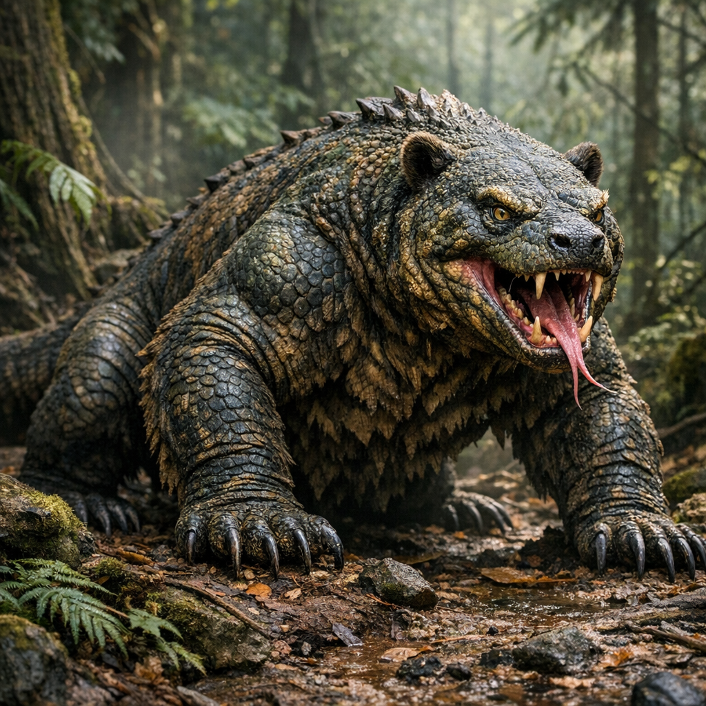 Komobear, an AI-generated hybrid of Komodo Dragon and Bear