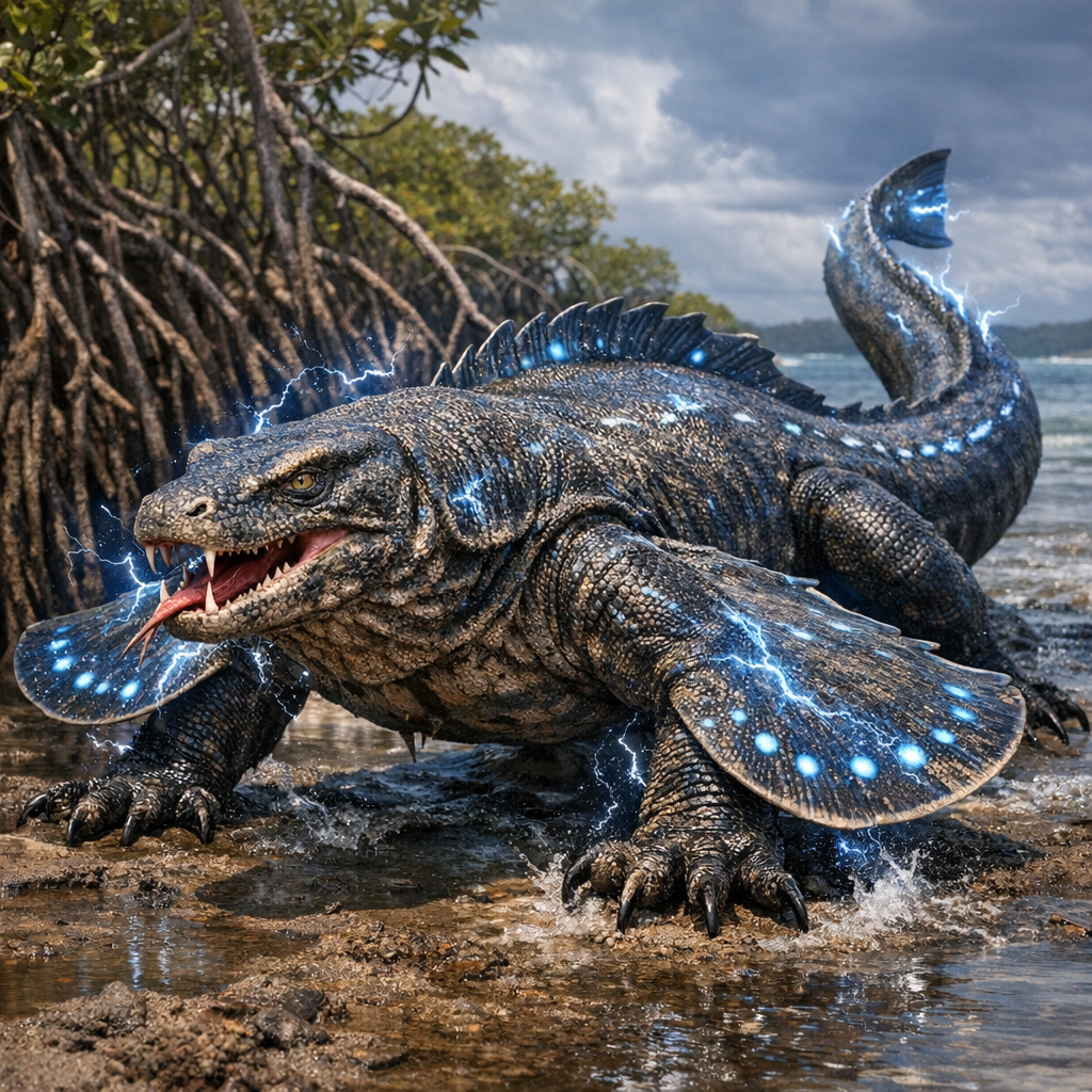 Electrodraco, an AI-generated hybrid of Komodo Dragon and Electric Ray