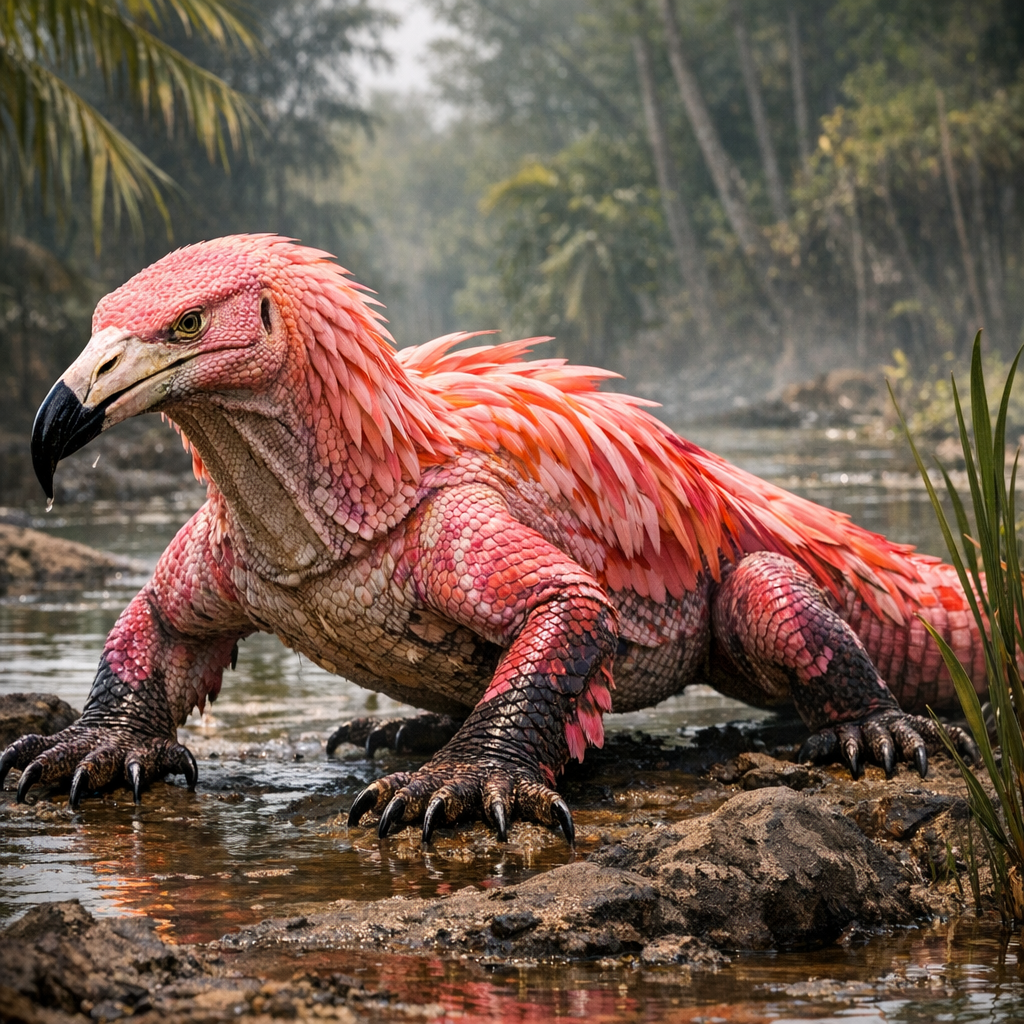 Flaminodo, an AI-generated hybrid of Komodo Dragon and Flamingo