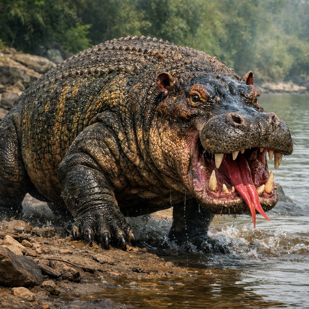 Komodopotamus, an AI-generated hybrid of Komodo Dragon and Hippopotamus