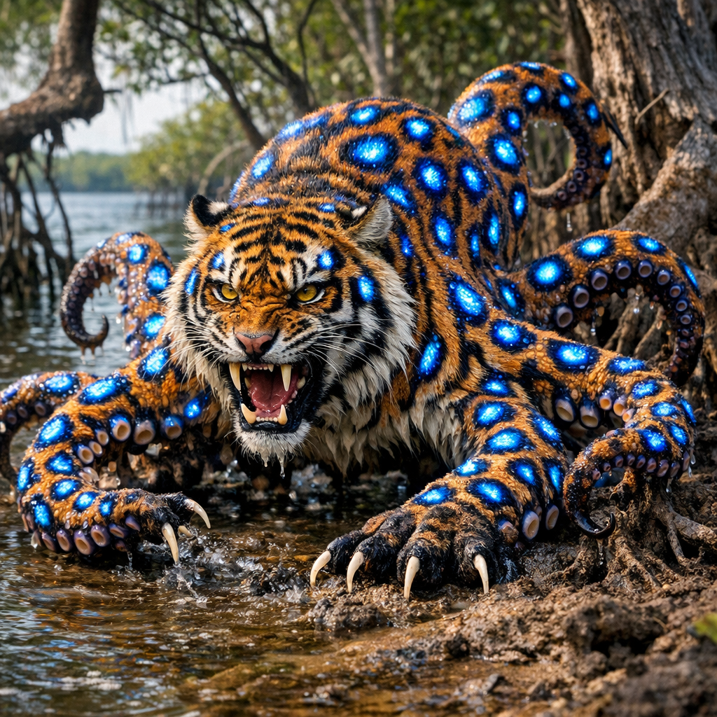 Tigrisubus, an AI-generated hybrid of blue ring octopus and Tiger