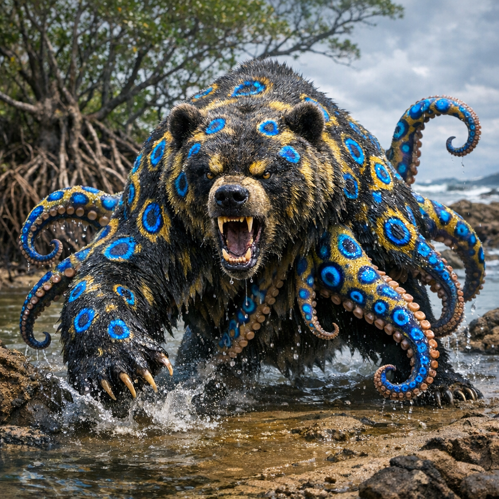 Octobear, an AI-generated hybrid of Bear and blue ring octopus
