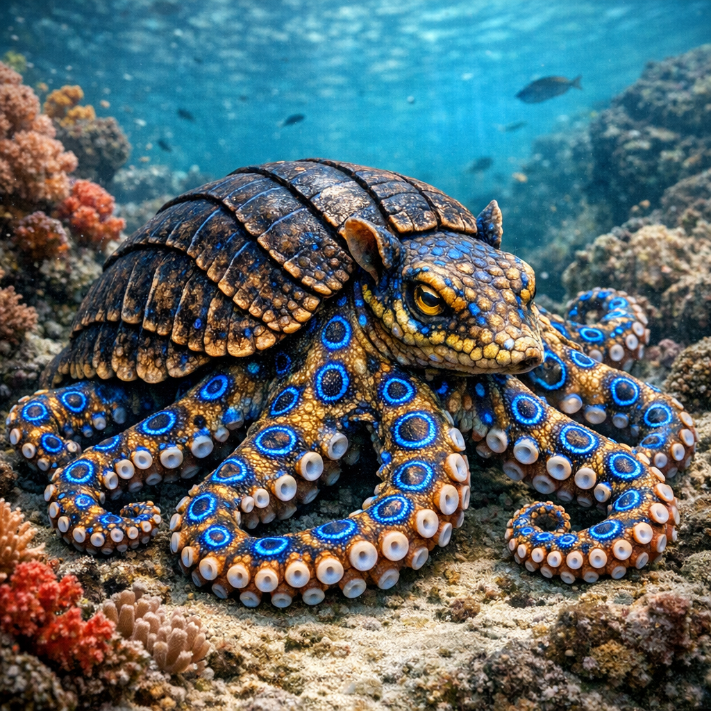 Armadilloctopus, an AI-generated hybrid of Armadillo and blue ring octopus